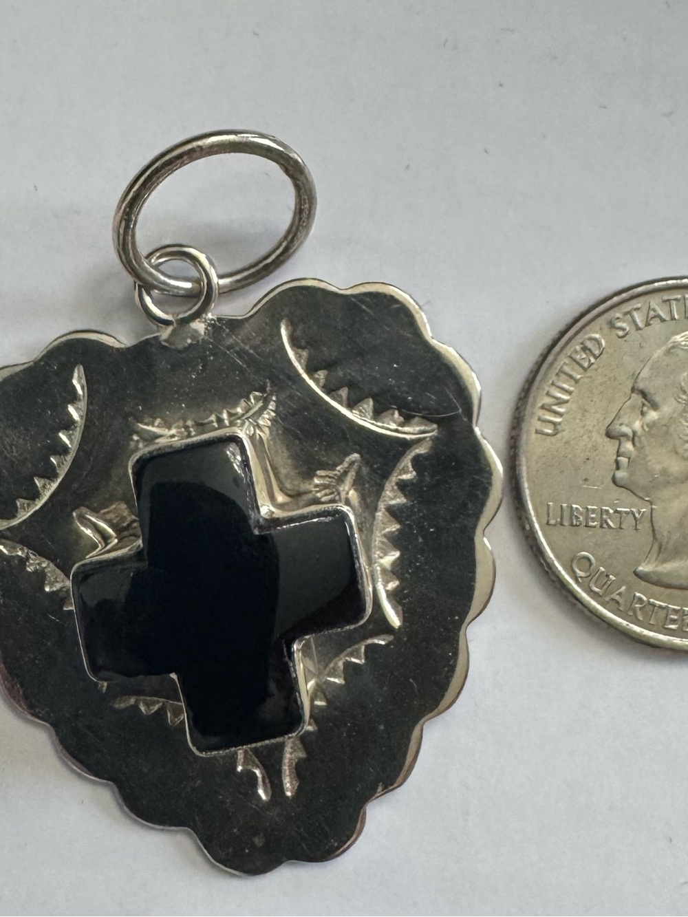 Sterling Silver Heart shaped Pendant wi/Black Onyx Cross Accent  Southwest look! - Picture 4 of 7
